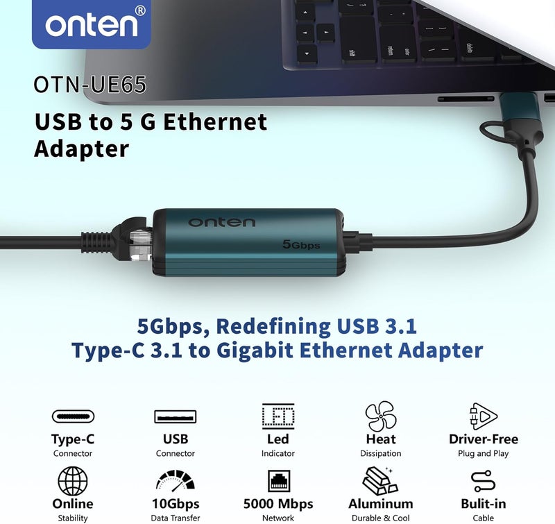 onten USB-C to Ethernet Adapter - 5Gbps High-Speed,USB-A to RJ45 5000Mbps Ethernet LAN Network Adapter Thunderbolt 4/3 Compatible, for iPhone 15 Pro/Max, MacBook Pro/Air 2023, iPad Pro,iMac and More（5G - Image 4